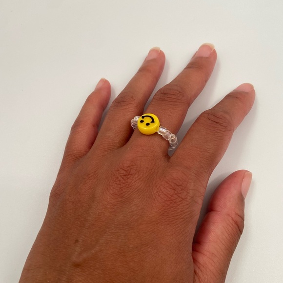 Handmade Trendy Y2K Inspired Smiley Face Glass Bead Stackable Stretch Ring - Picture 5 of 5